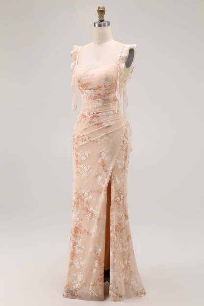 Champagne Floral Mermaid Maxi Ruffled Bridesmaid Dress with Slit