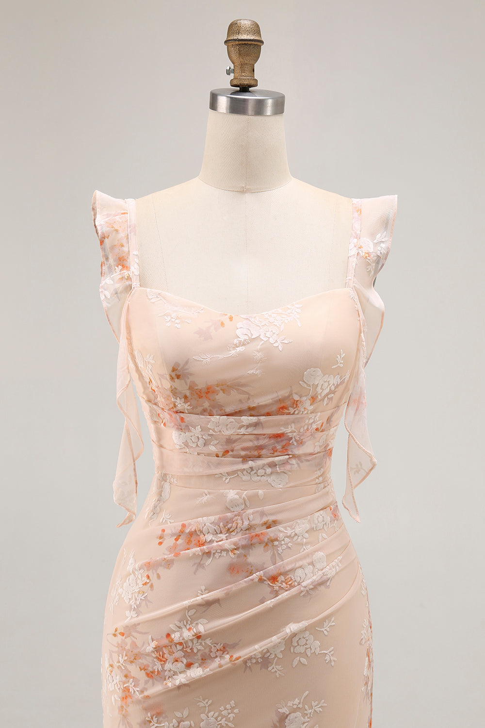 Champagne Floral Mermaid Maxi Ruffled Bridesmaid Dress with Slit