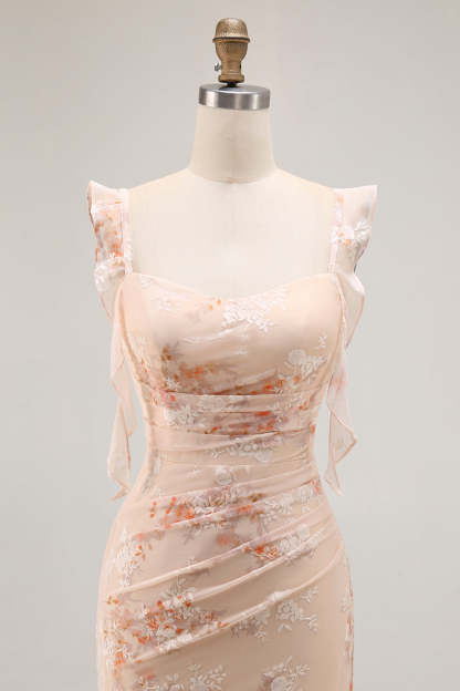 Champagne Floral Mermaid Maxi Ruffled Bridesmaid Dress with Slit