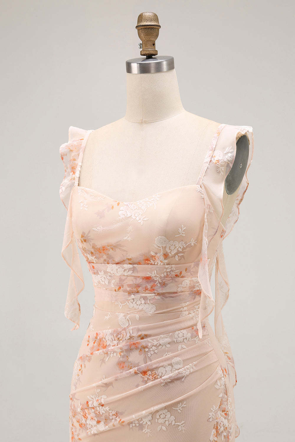 Champagne Floral Mermaid Maxi Ruffled Bridesmaid Dress with Slit