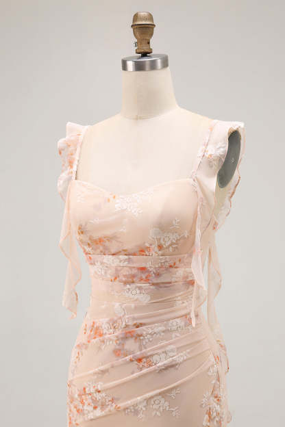 Champagne Floral Mermaid Maxi Ruffled Bridesmaid Dress with Slit