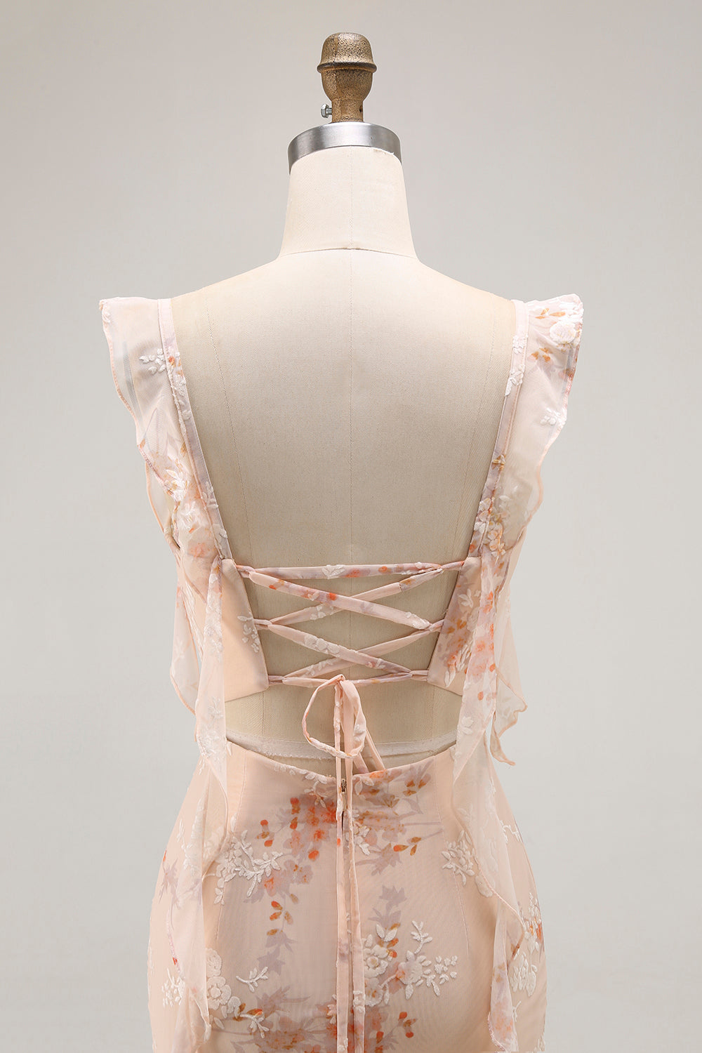 Champagne Floral Mermaid Maxi Ruffled Bridesmaid Dress with Slit