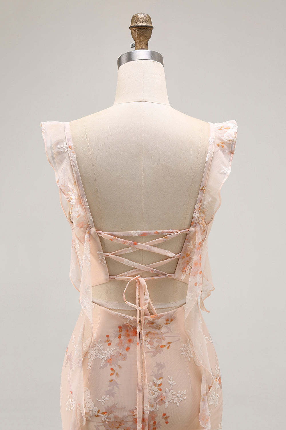 Champagne Floral Mermaid Maxi Ruffled Bridesmaid Dress with Slit