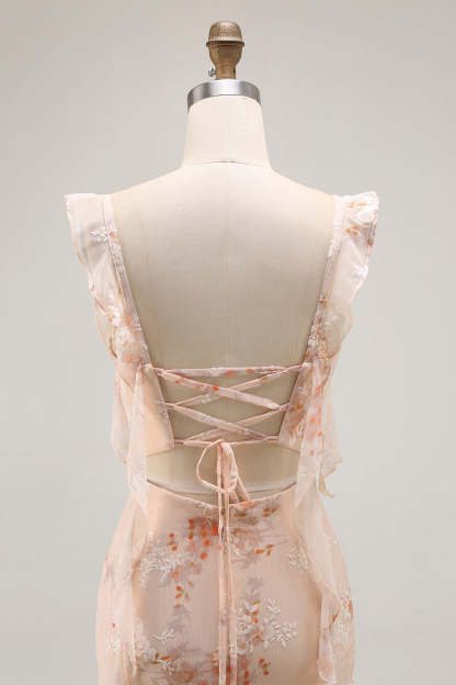 Champagne Floral Mermaid Maxi Ruffled Bridesmaid Dress with Slit