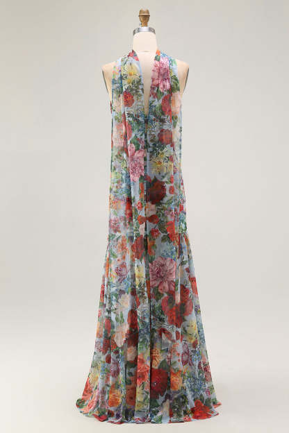 Blue Red Neck Scarf Floral Maxi Wedding Guest Dress with Slit