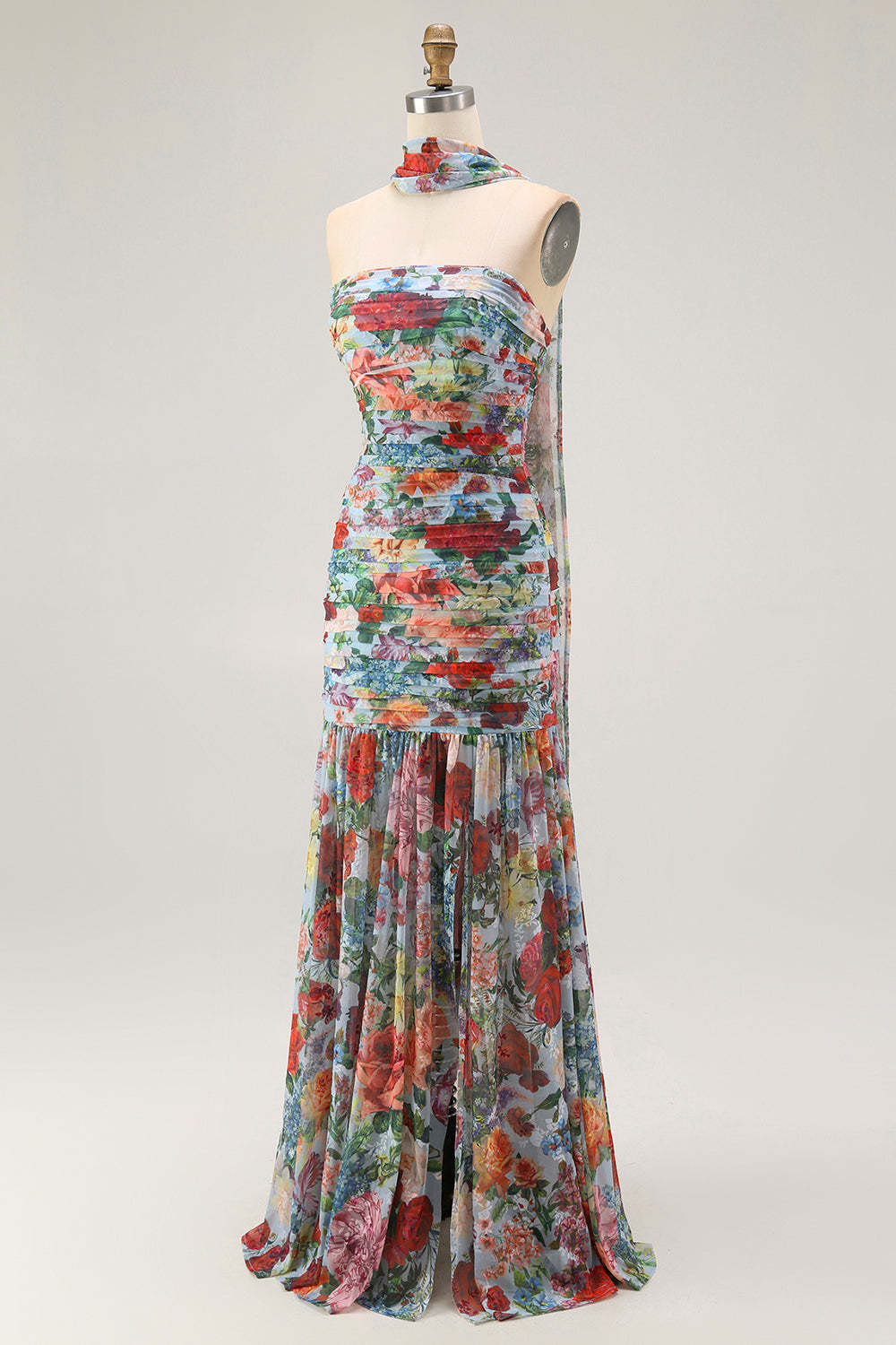 Blue Red Neck Scarf Floral Maxi Wedding Guest Dress with Slit