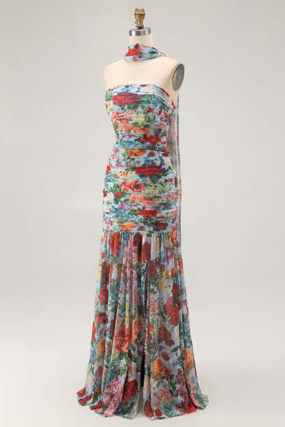 Blue Red Neck Scarf Floral Maxi Wedding Guest Dress with Slit