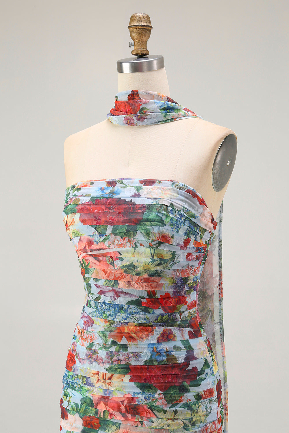 Blue Red Neck Scarf Floral Maxi Wedding Guest Dress with Slit