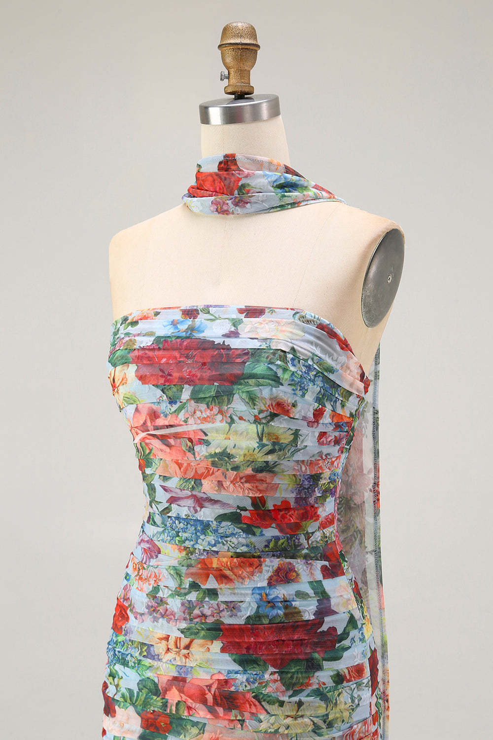 Blue Red Neck Scarf Floral Maxi Wedding Guest Dress with Slit