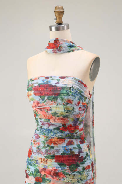 Blue Red Neck Scarf Floral Maxi Wedding Guest Dress with Slit