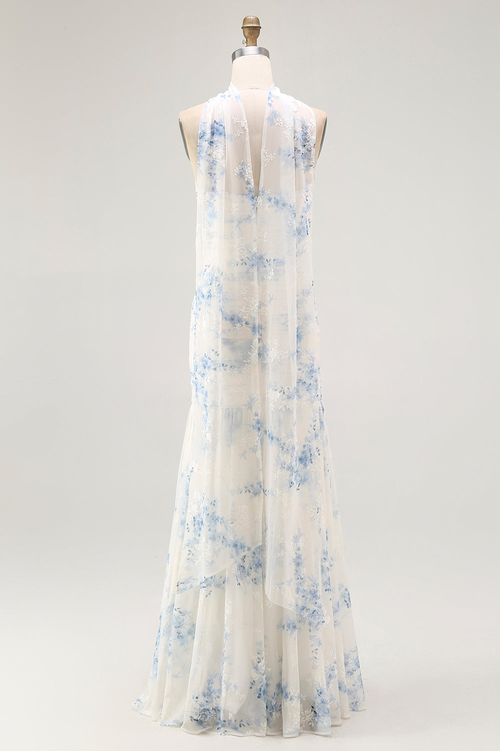 White Blue Neck Scarf Floral Maxi Bridesmaid Dress with Slit