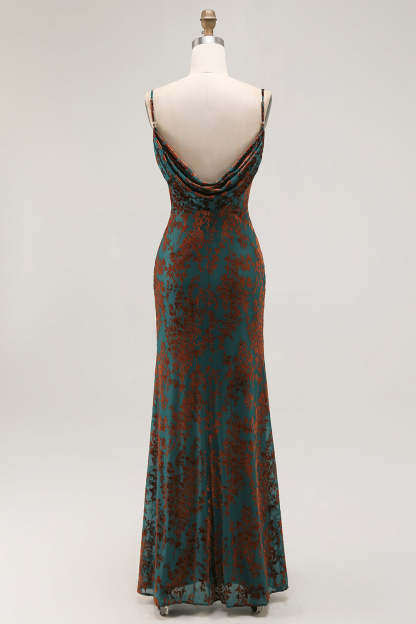 Dark Green Mermaid Burnout Velvet Maxi Wedding Guest Dress with Slit
