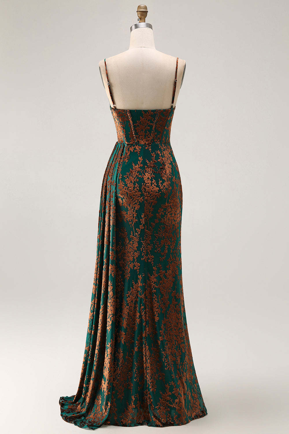 Dark Green Corset Velvet Floral Maxi Wedding Guest Dress with Side Cape