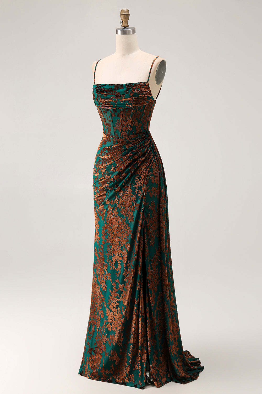 Dark Green Corset Velvet Floral Maxi Wedding Guest Dress with Side Cape
