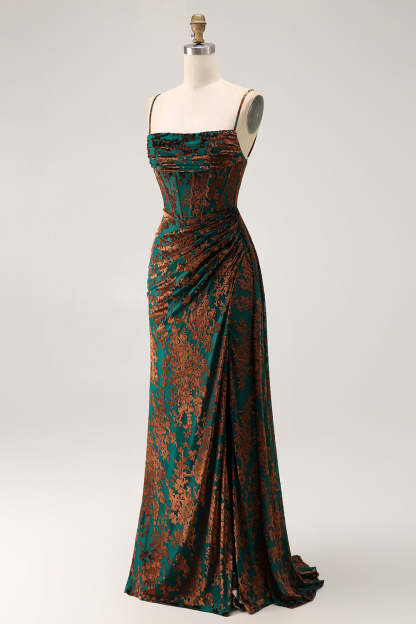 Dark Green Corset Velvet Floral Maxi Wedding Guest Dress with Side Cape