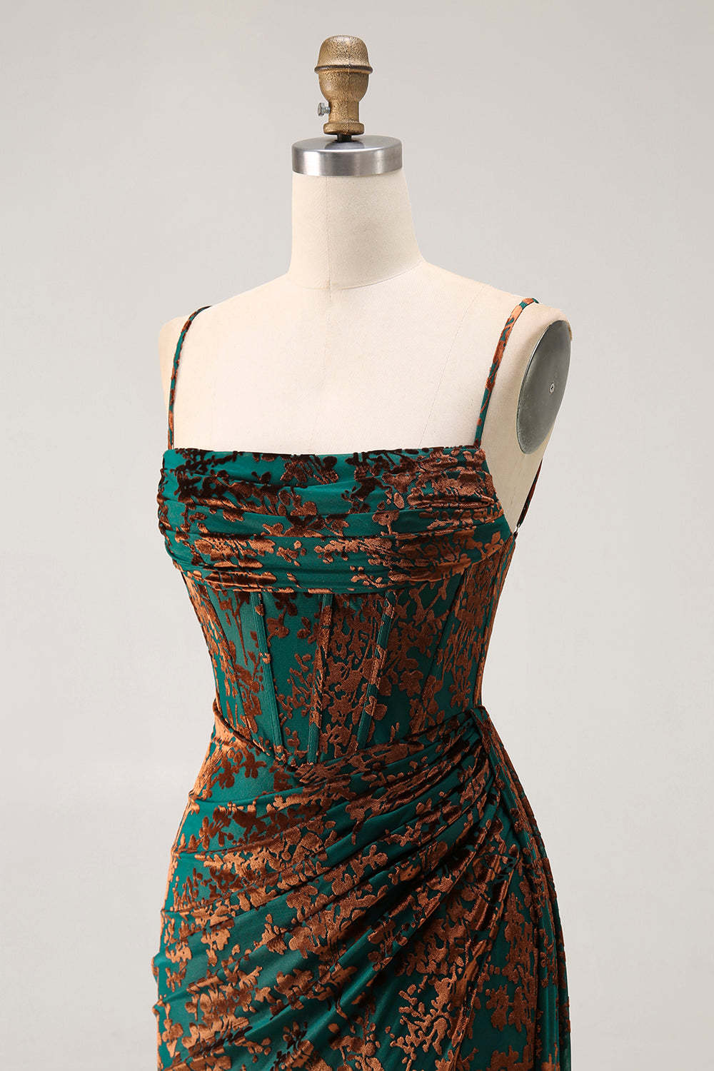 Dark Green Corset Velvet Floral Maxi Wedding Guest Dress with Side Cape