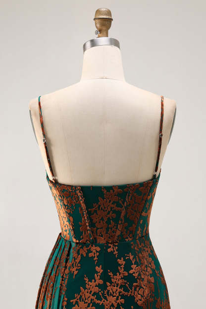 Dark Green Corset Velvet Floral Maxi Wedding Guest Dress with Side Cape