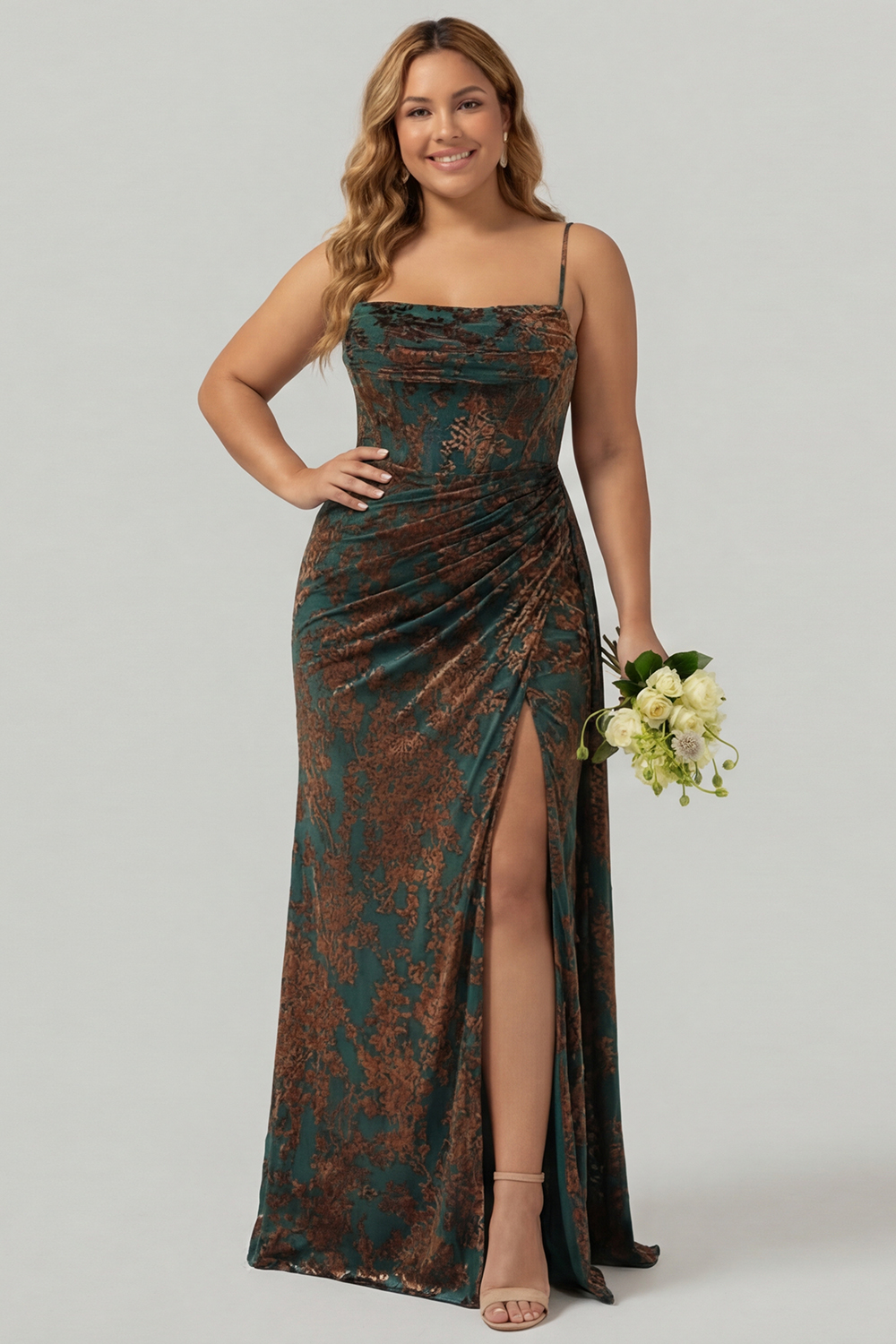 Dark Green Corset Velvet Floral Maxi Wedding Guest Dress with Side Cape