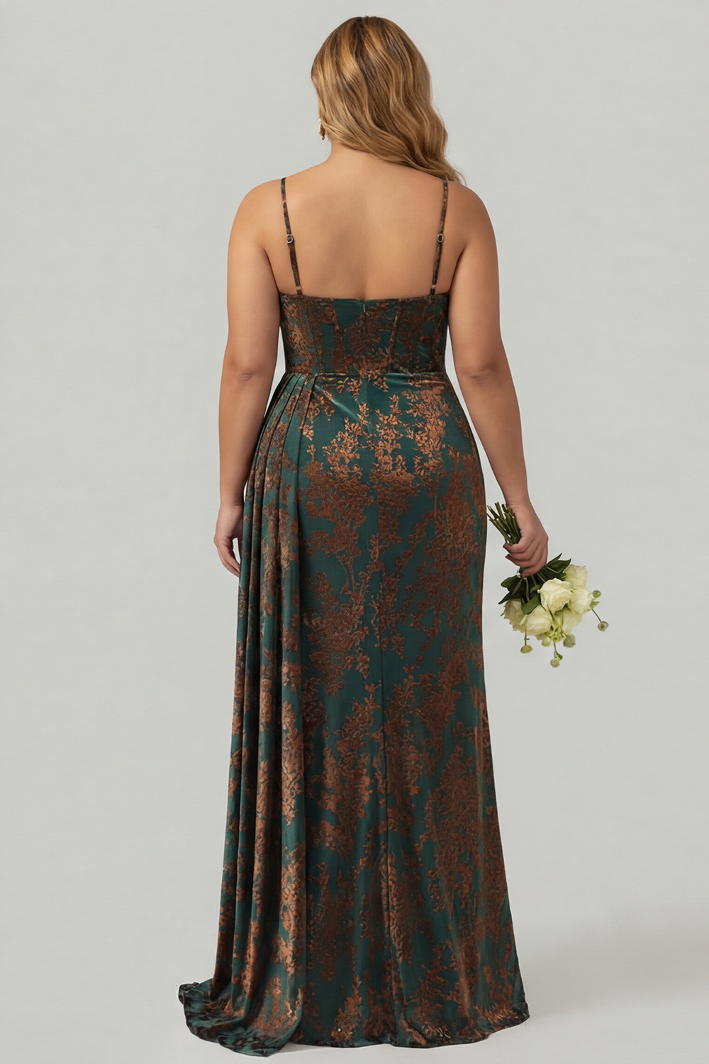 Dark Green Corset Velvet Floral Maxi Wedding Guest Dress with Side Cape