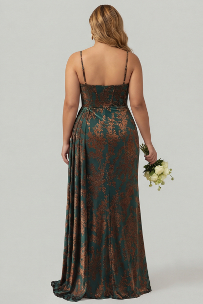 Dark Green Corset Velvet Floral Maxi Wedding Guest Dress with Side Cape