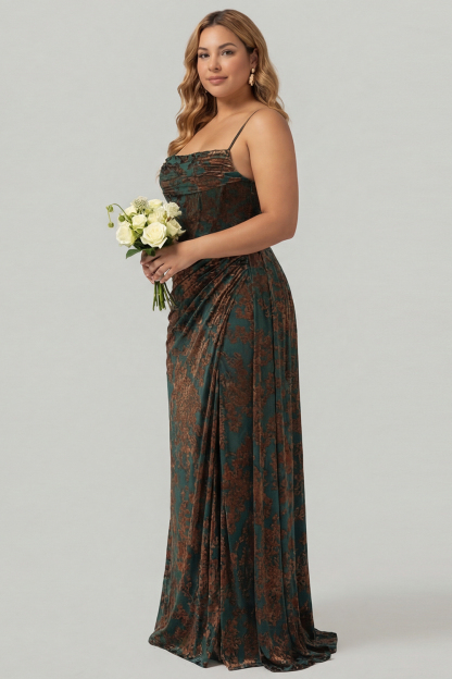 Dark Green Corset Velvet Floral Maxi Wedding Guest Dress with Side Cape