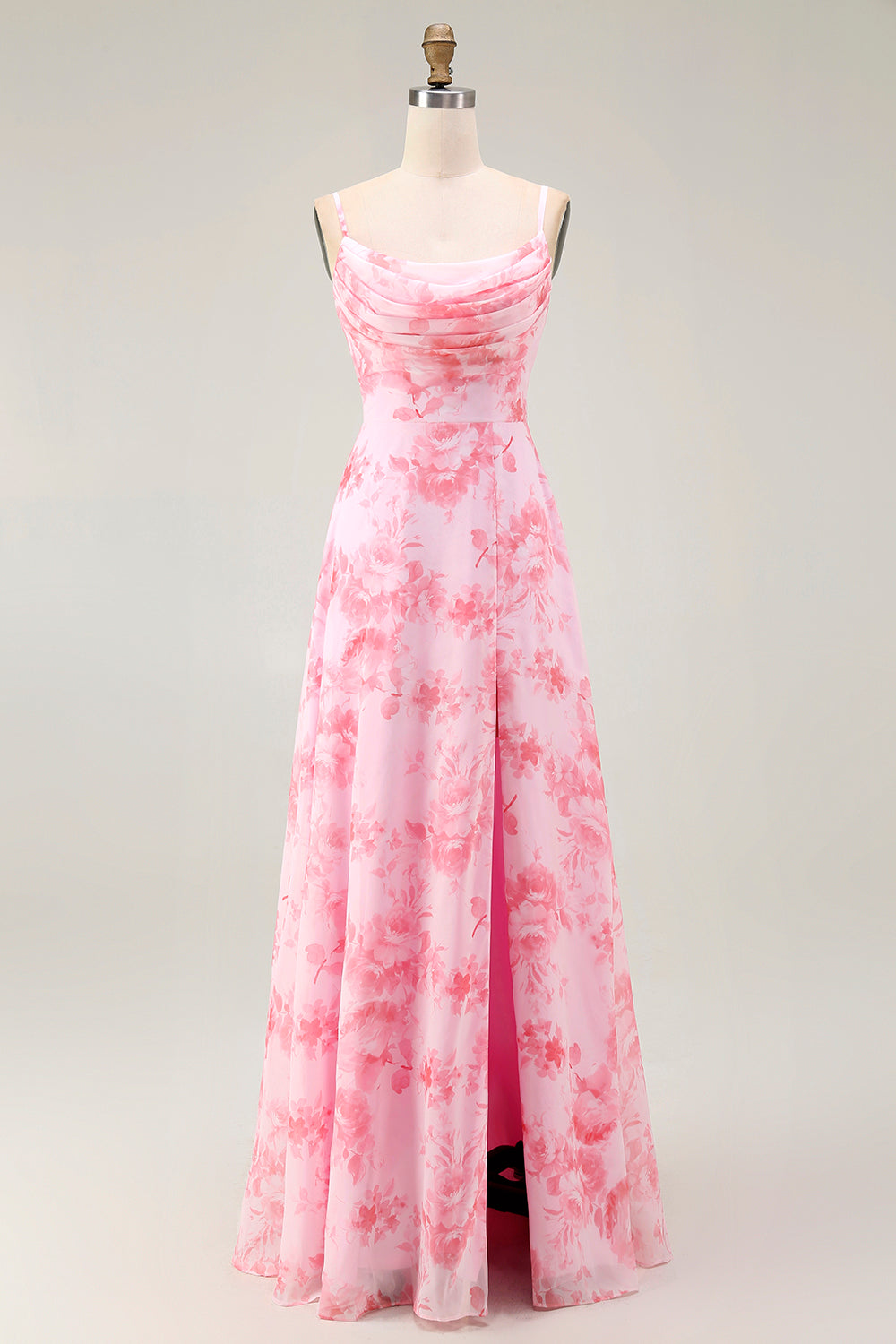 Leely Women Pink Floral Maxi Bridesmaid Dress with Slit Chiffon A Line Cowl Lace Up Back Wedding Guest Dress