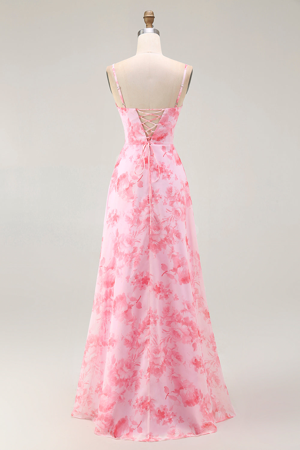 Pink Floral A Line Cowl Neck Maxi Bridesmaid Dress with Slit