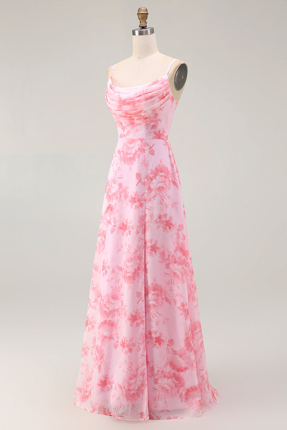 Pink Floral A Line Cowl Neck Maxi Bridesmaid Dress with Slit