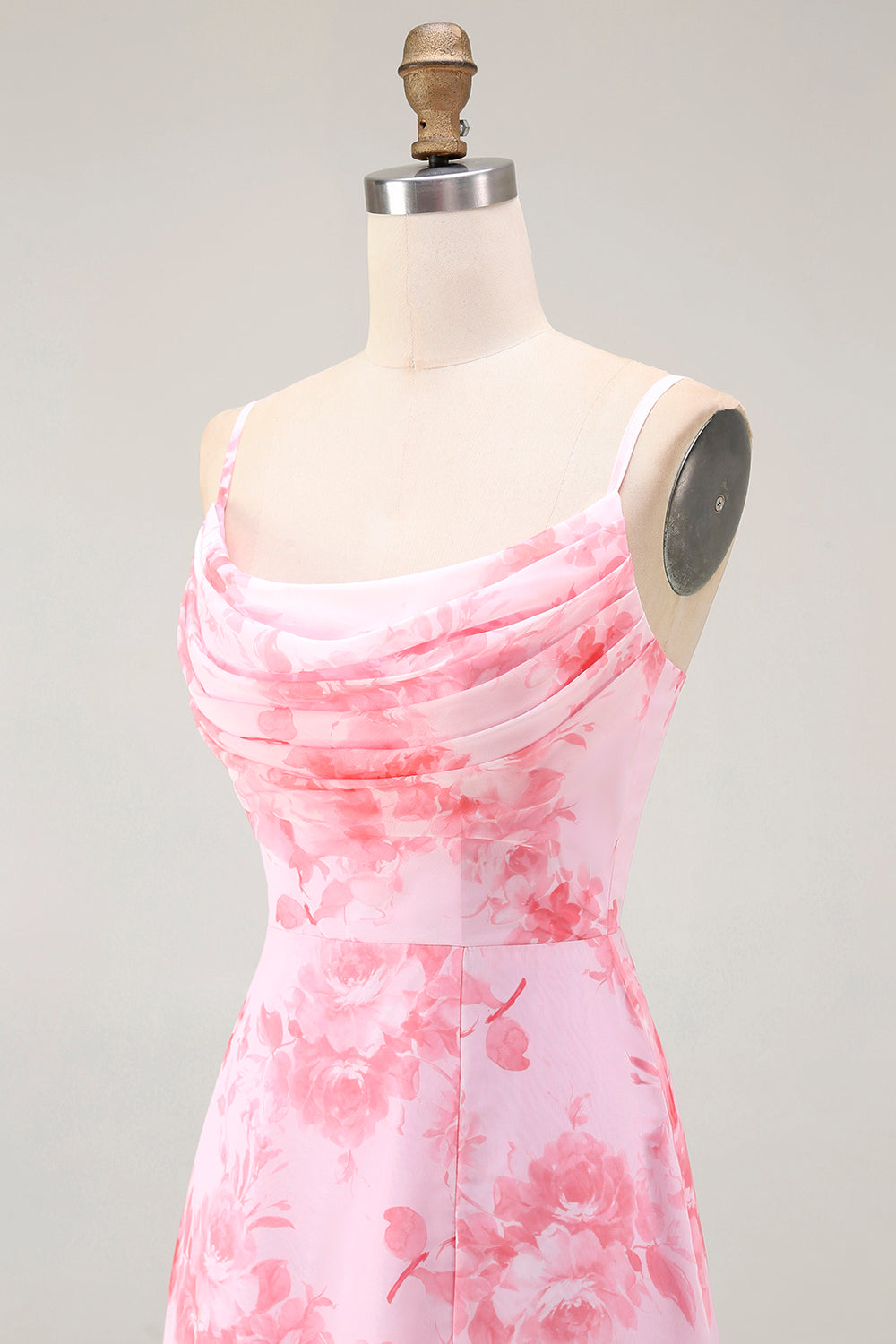 Pink Floral A Line Cowl Neck Maxi Bridesmaid Dress with Slit
