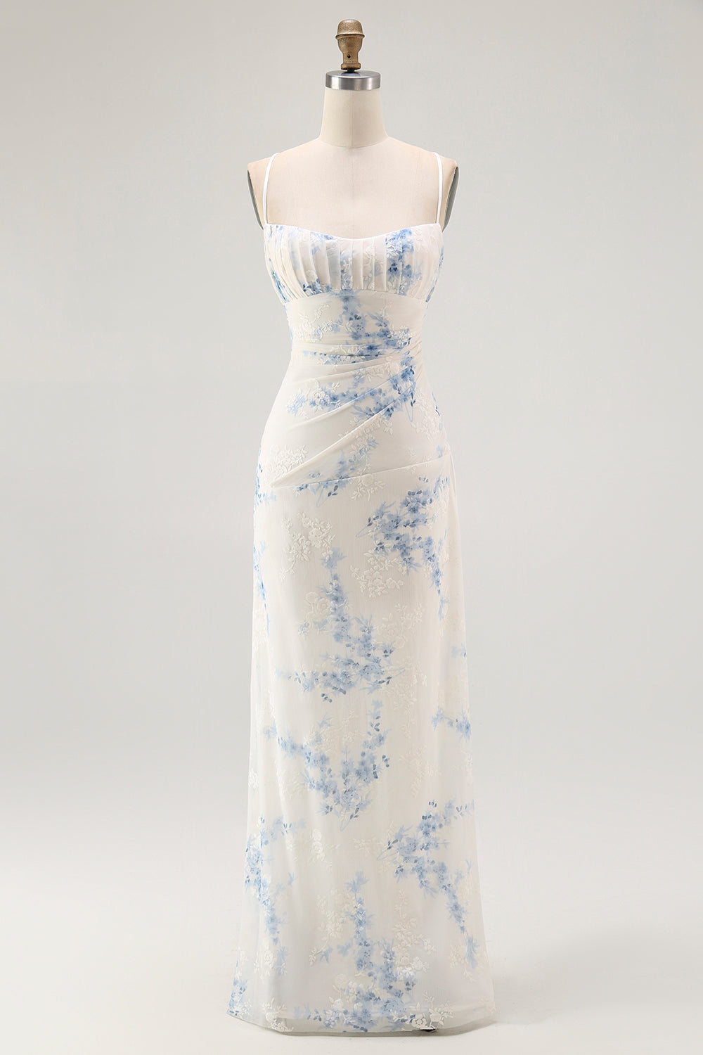 White Blue Floral Sheath Spaghetti Straps Long Bridesmaid Dress