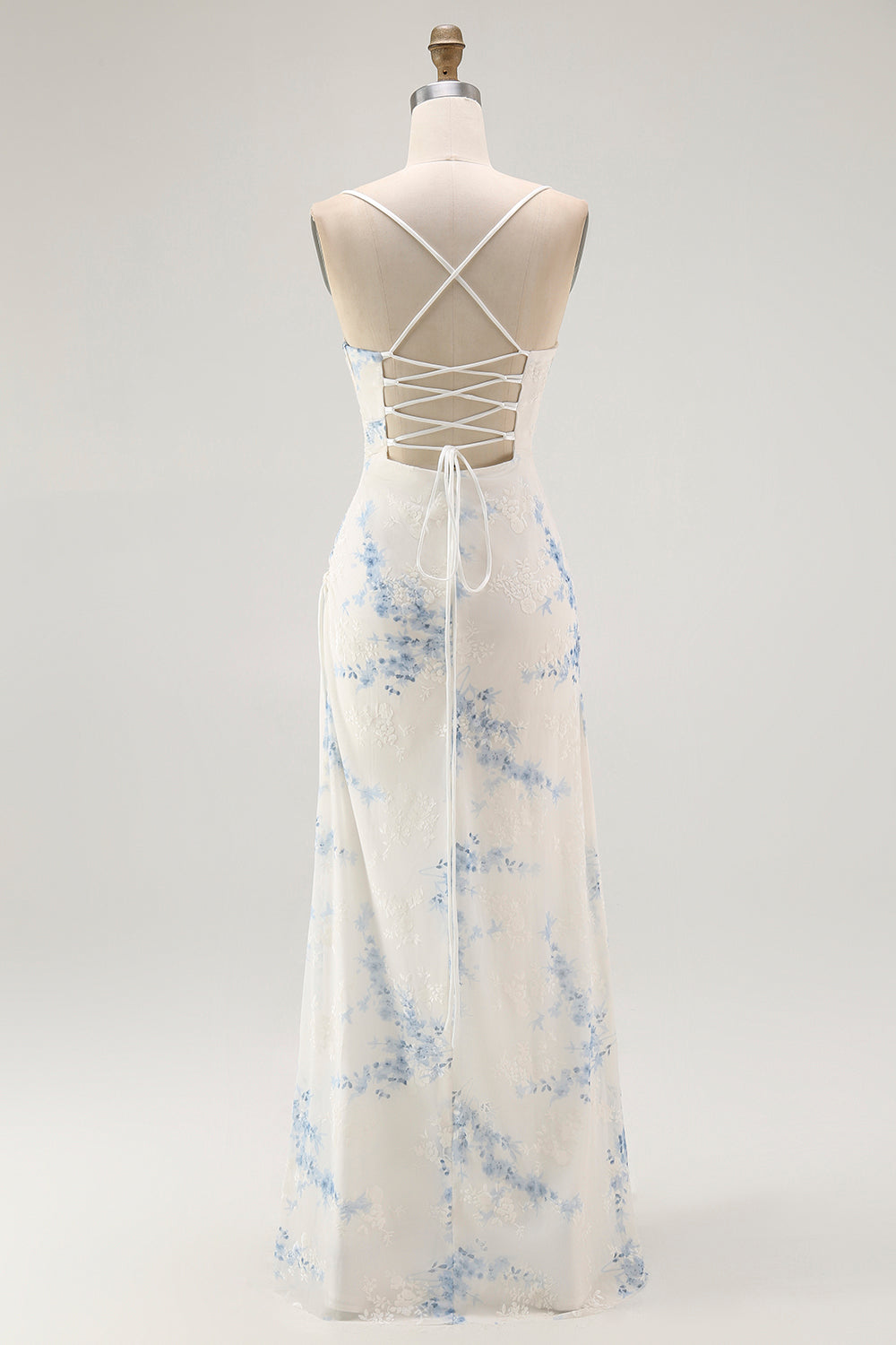 White Blue Floral Sheath Spaghetti Straps Long Bridesmaid Dress