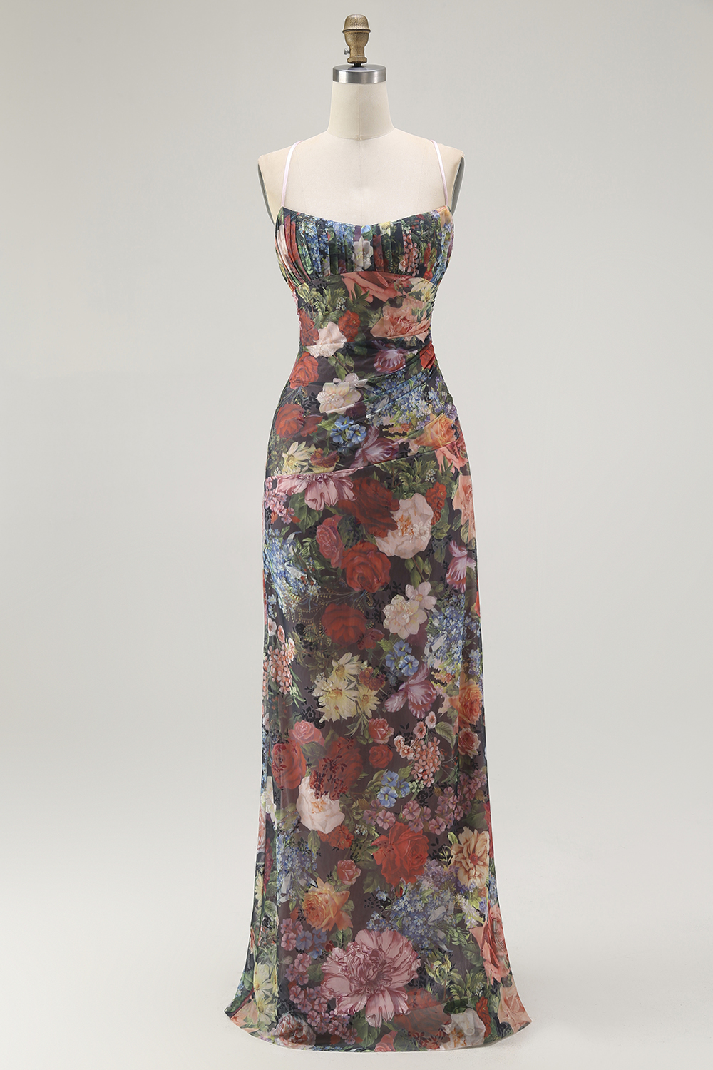 Black Sheath Spaghetti Straps Floral Long Wedding Guest Dress