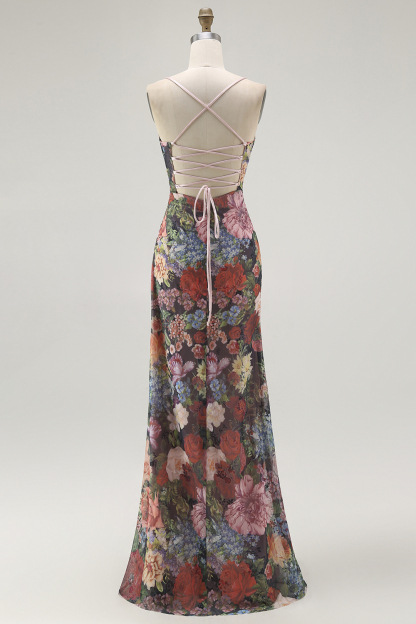 Black Sheath Spaghetti Straps Floral Long Wedding Guest Dress