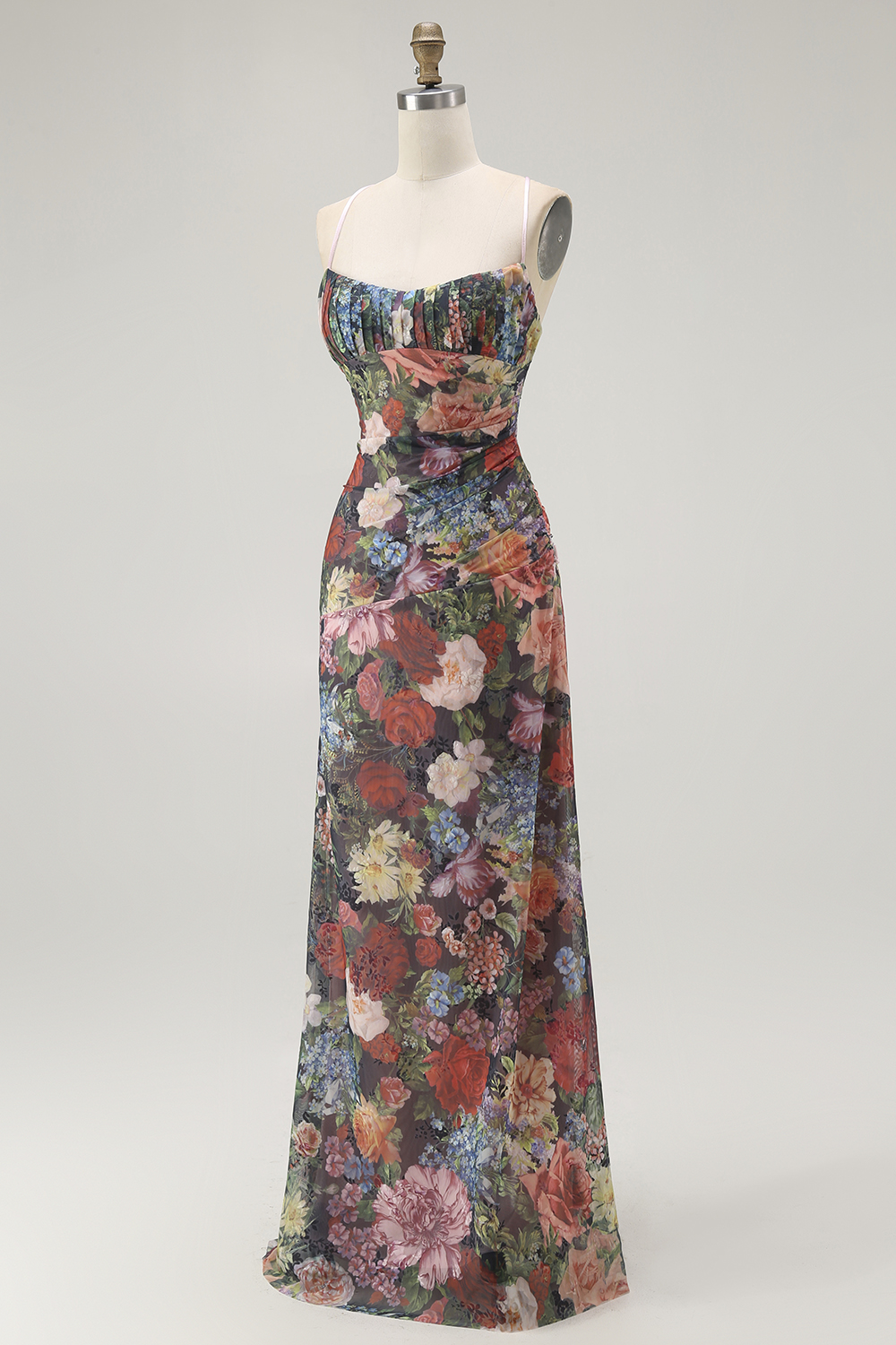 Black Sheath Spaghetti Straps Floral Long Wedding Guest Dress