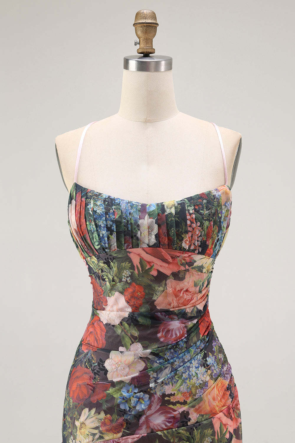 Black Sheath Spaghetti Straps Floral Long Wedding Guest Dress