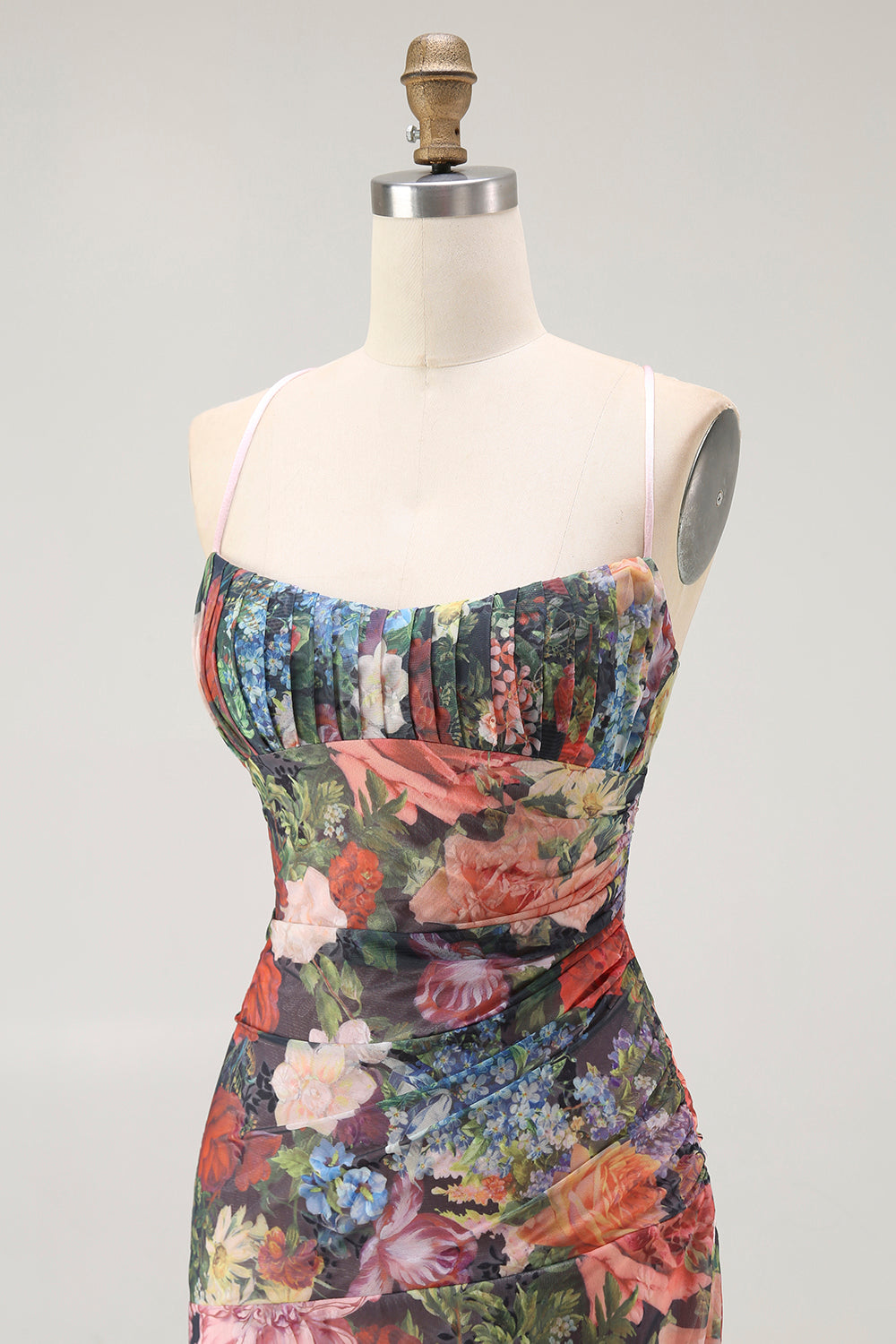 Black Sheath Spaghetti Straps Floral Long Wedding Guest Dress