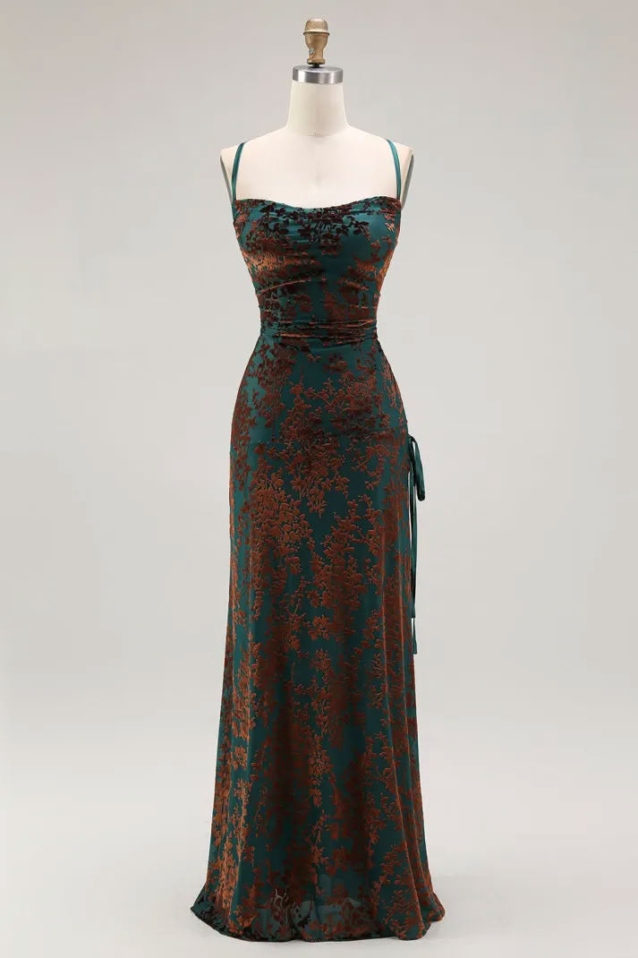 Sheath Dark Green Spaghetti Straps Maxi Velvet Formal Dress