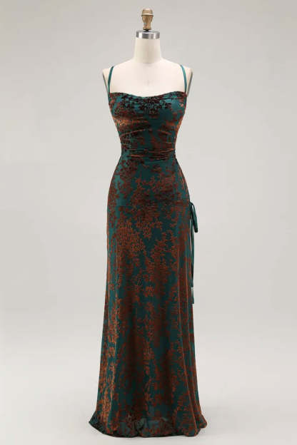 Sheath Dark Green Spaghetti Straps Maxi Velvet Formal Dress