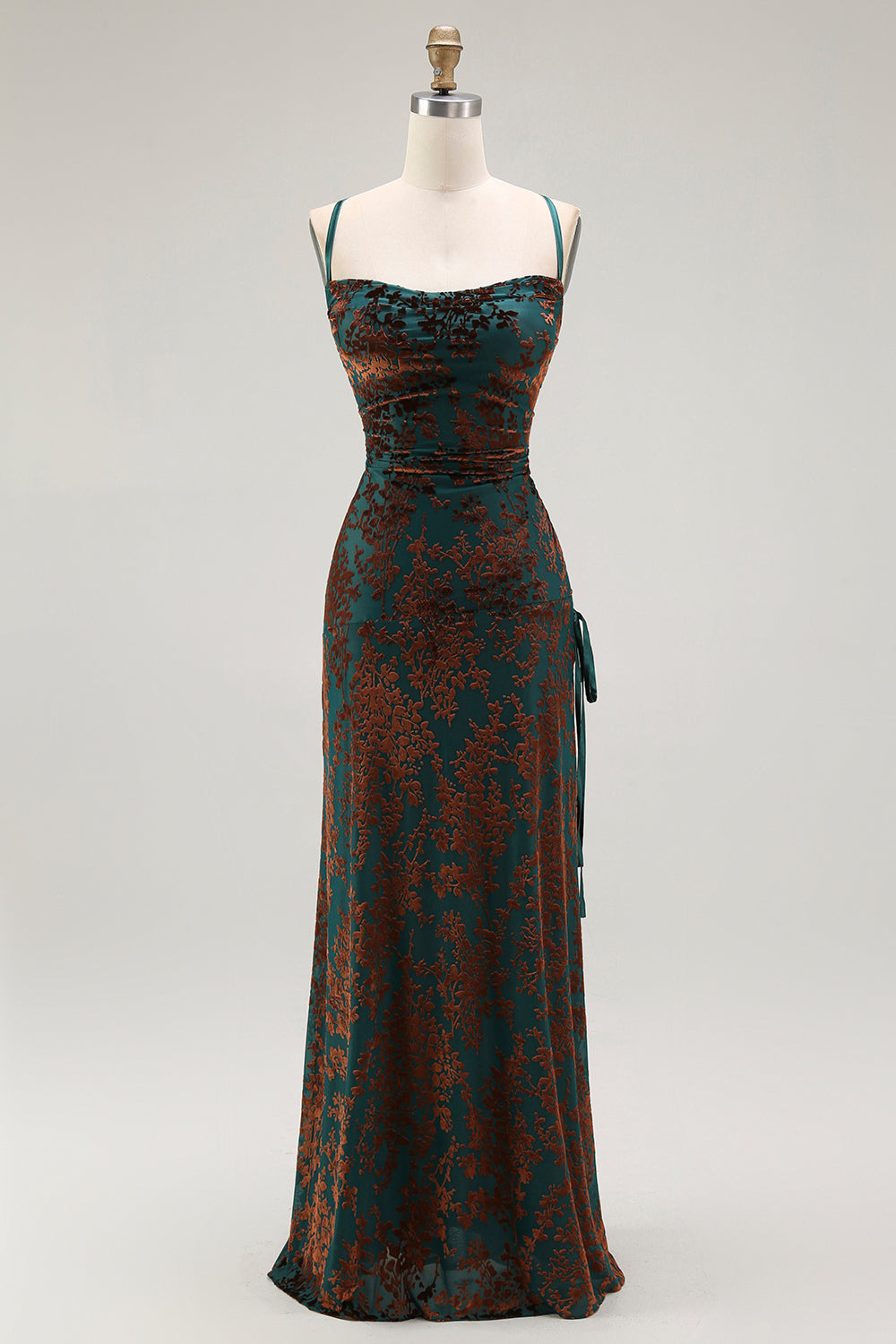 Dark Green Sheath Spaghetti Straps Maxi Velvet Bridesmaid Dress