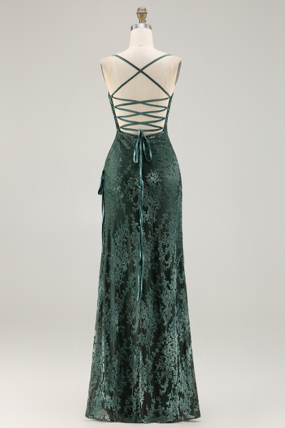 Dark Green Sheath Spaghetti Straps Maxi Velvet Bridesmaid Dress