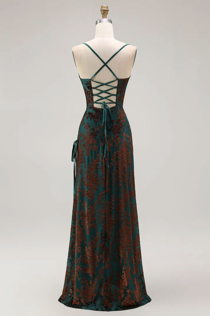 Sheath Dark Green Spaghetti Straps Maxi Velvet Formal Dress