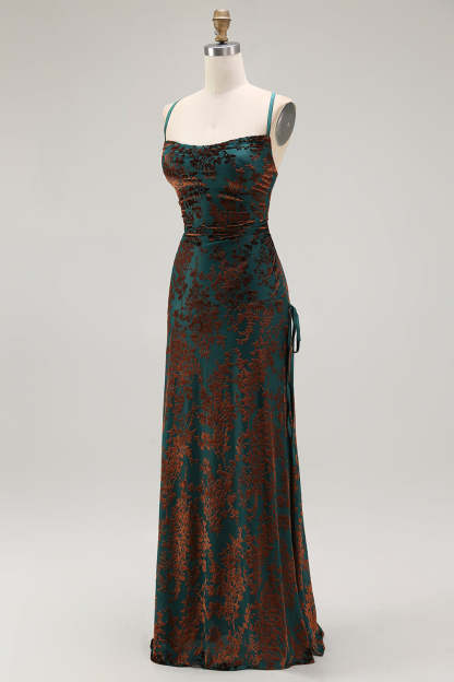 Dark Green Sheath Spaghetti Straps Maxi Velvet Bridesmaid Dress