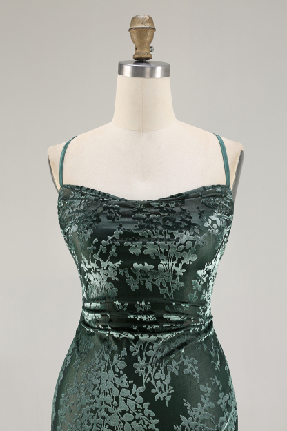 Dark Green Sheath Spaghetti Straps Maxi Velvet Bridesmaid Dress