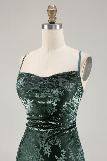Dark Green Sheath Spaghetti Straps Maxi Velvet Bridesmaid Dress
