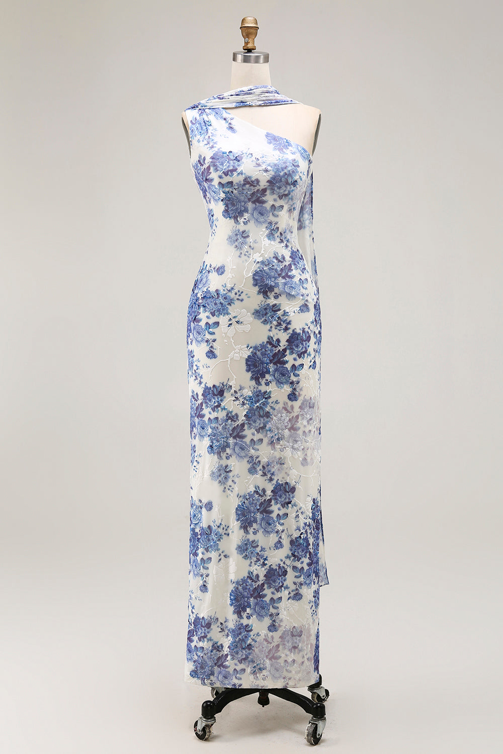 Blue Floral Neck Scarf Sheath Maxi Bridesmaid Dress