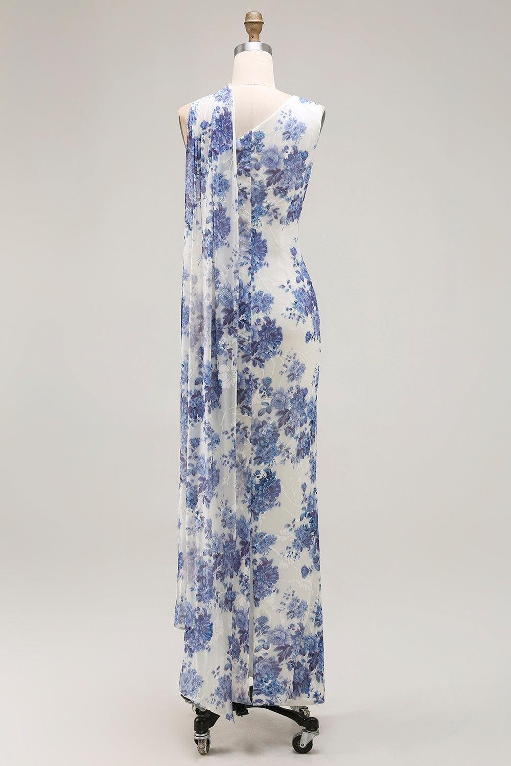 Blue Floral Neck Scarf Sheath Maxi Bridesmaid Dress