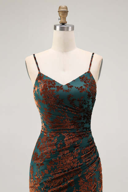 Dark Green Spaghetti Straps Mermaid Long Velvet Wedding Guest Dress with Slit