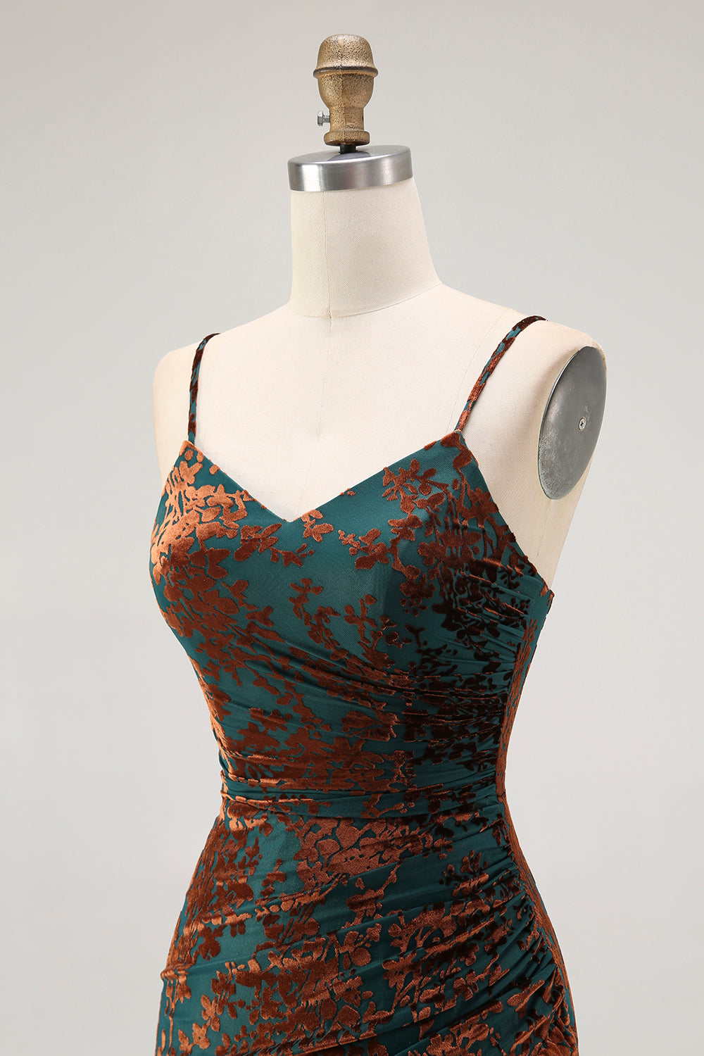 Dark Green Spaghetti Straps Mermaid Long Velvet Wedding Guest Dress with Slit