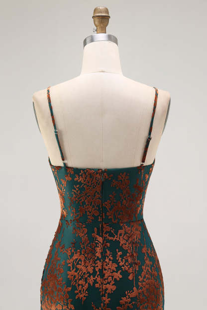 Dark Green Spaghetti Straps Mermaid Long Velvet Wedding Guest Dress with Slit