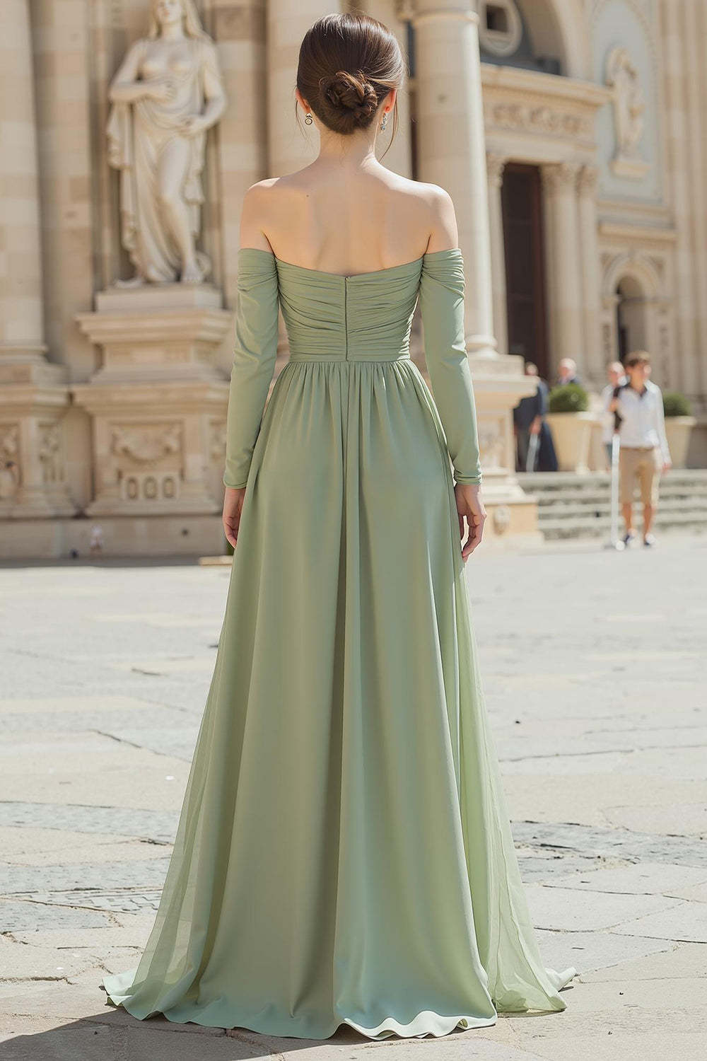 Sage Green A-Line Off the Shoulder Chiffon Long Bridesmaid Dress with Sleeves